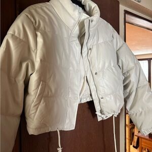 Women's Cream Faux Leather Puffer Jacket